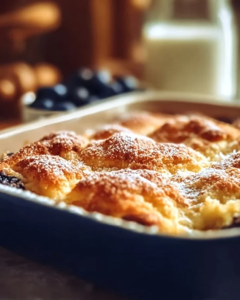 Delicious pancake casserole dish ready to serve with syrup and berries