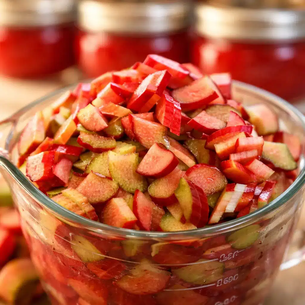 Jar of homemade Rhubarb Cinnamon Jam with fresh rhubarb and cinnamon sticks