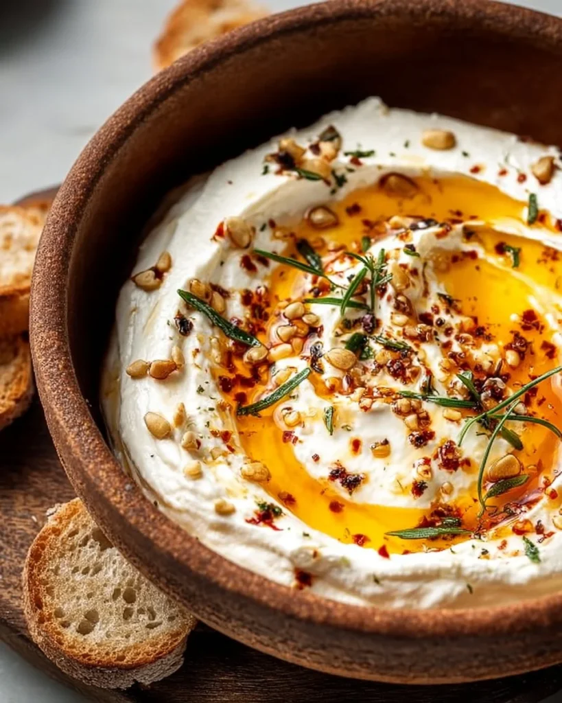 Delicious ricotta dip with hot honey served in a bowl