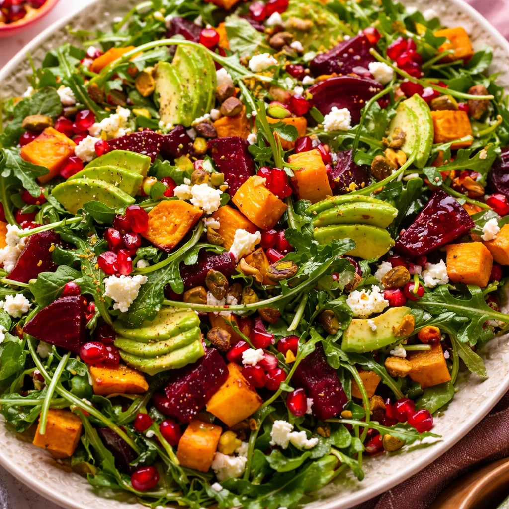 Colorful Roasted Beet, Sweet Potato & Avocado Salad in a white bowl.