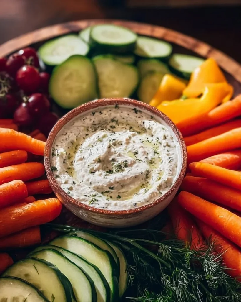 Delicious veggie platter dip served with fresh vegetables for dipping