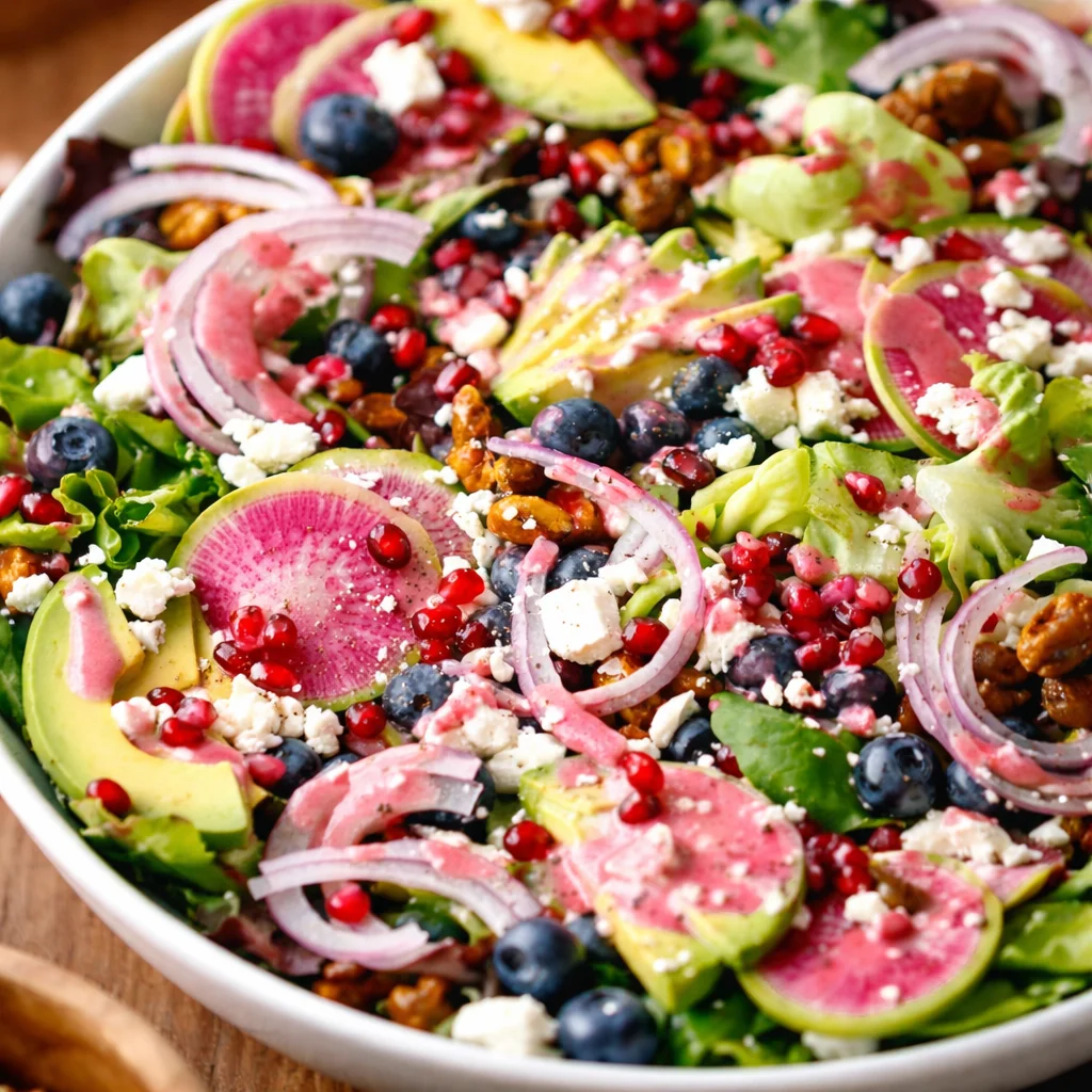 Blueberry Pistachio Spring Salad with fresh greens and a delicious dressing