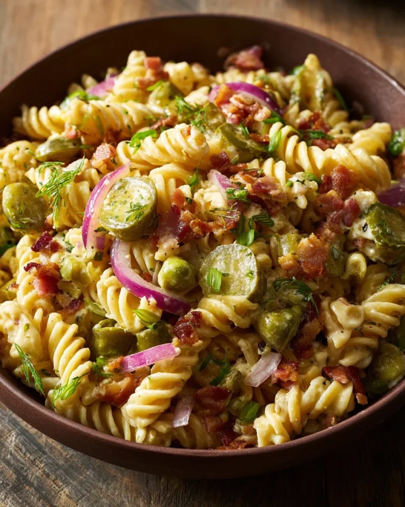 Dill Pickle Bacon Pasta Salad in a bowl garnished with fresh dill.