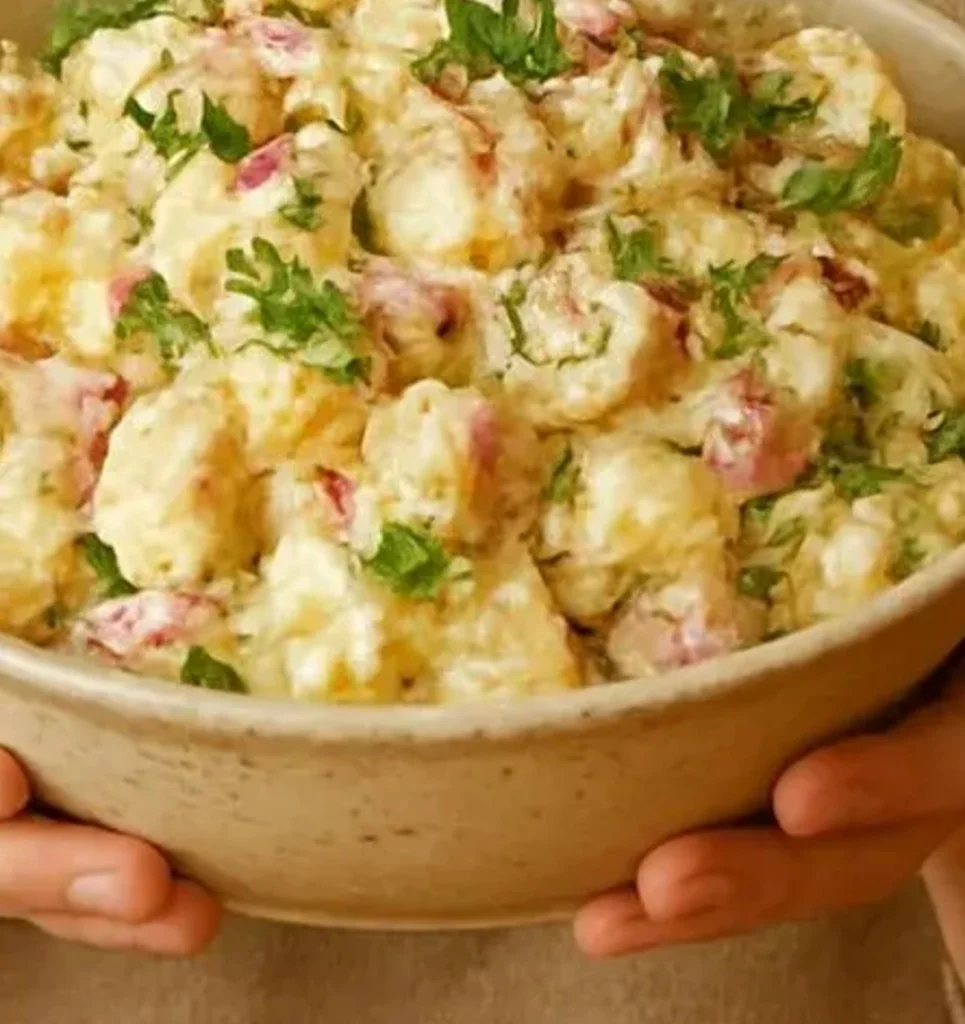 Delicious dill potato salad served in a bowl with garnishes.