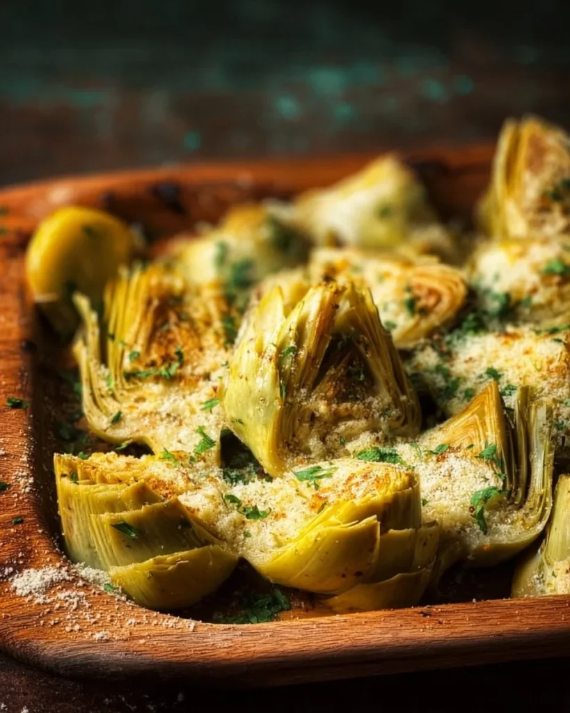 Plated easy baked artichoke hearts with herbs and breadcrumbs