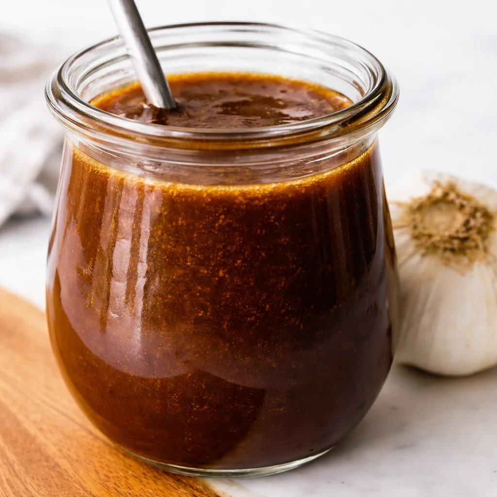 Delicious homemade Balsamic Vinaigrette with olive oil, honey, and garlic