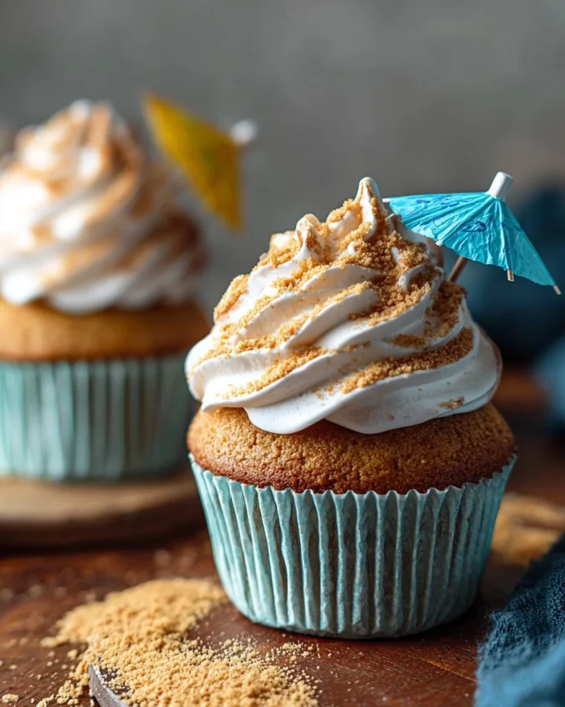 Delicious beach cupcakes decorated with beach-themed toppings and colors