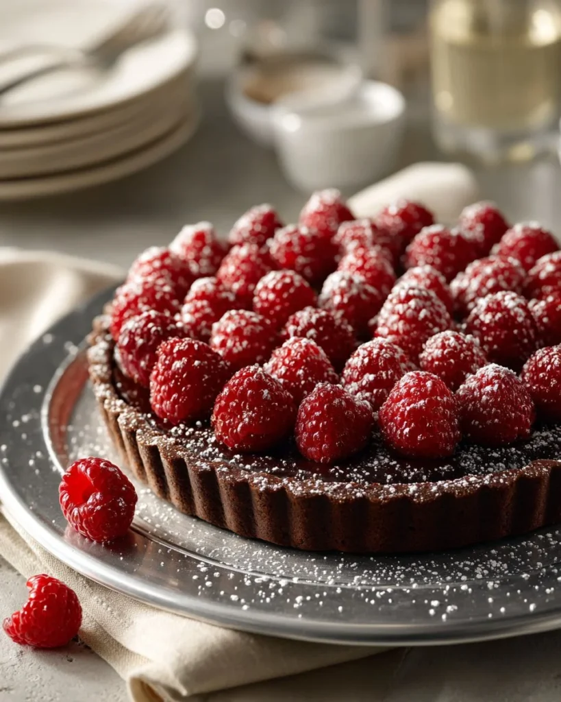 Delicious easy chocolate raspberry tart topped with fresh raspberries.