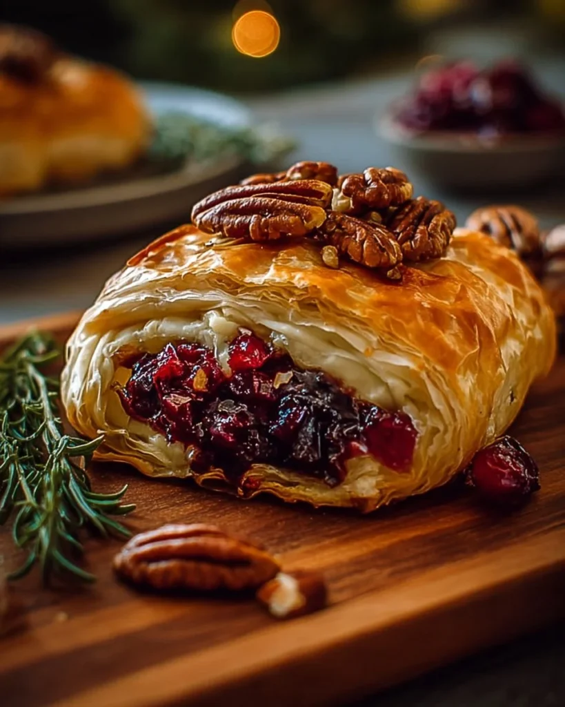 Delicious Easy Cranberry Pecan Brie wrapped in puff pastry, suitable for festive occasions.