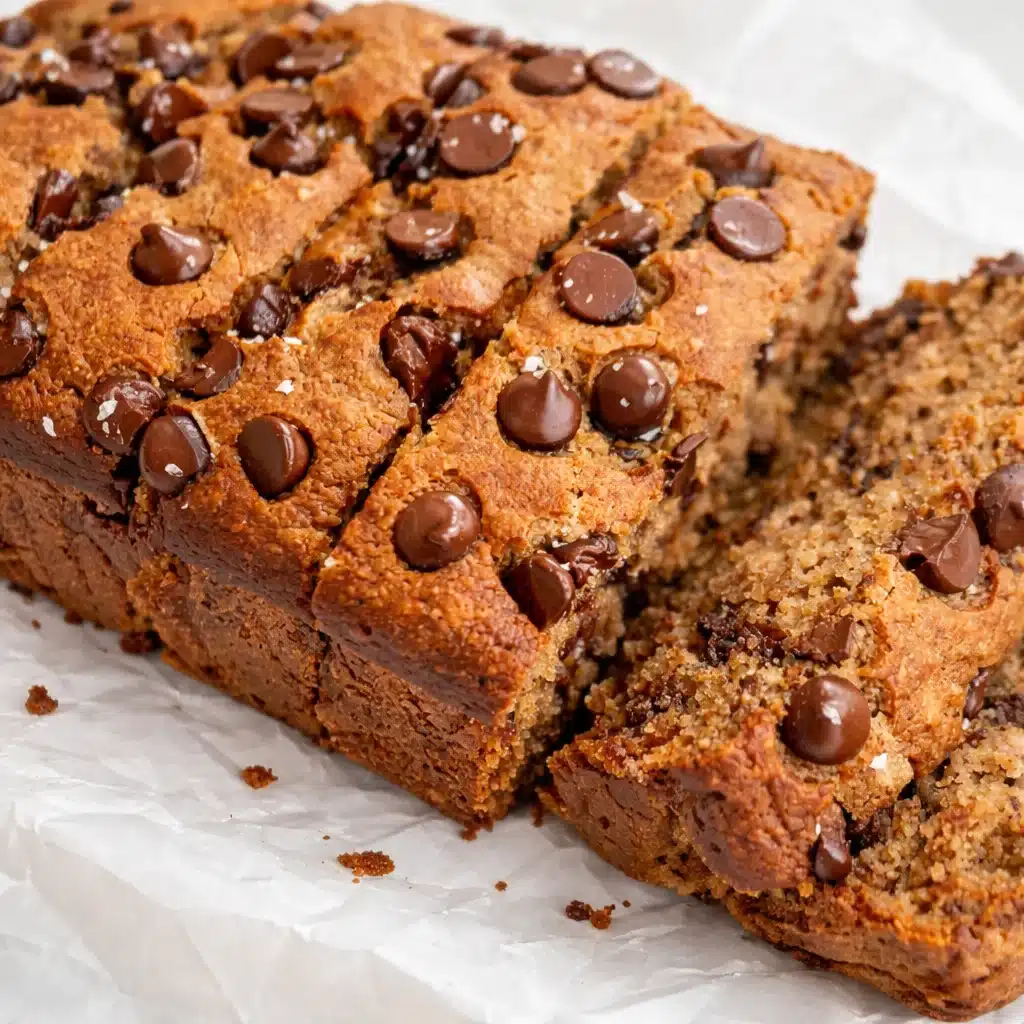 Slice of healthier chocolate chip banana bread with chocolate chips and banana slices