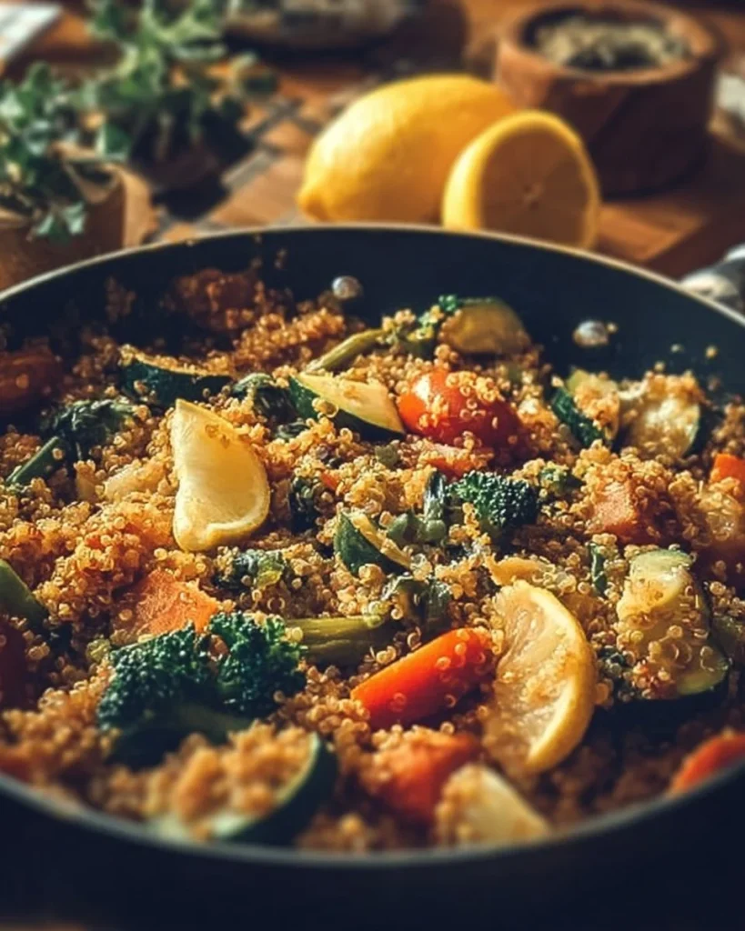 One pot lemon garlic quinoa with fresh vegetables