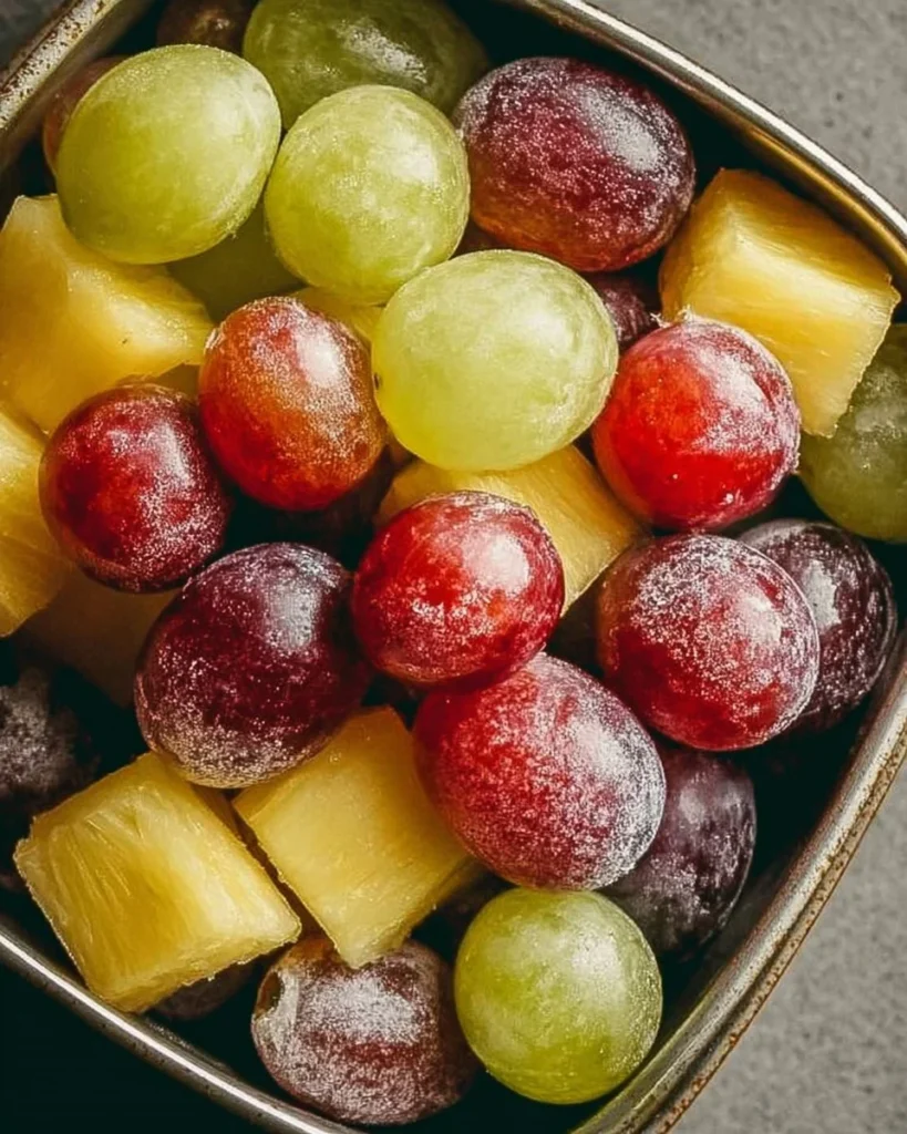 Bowl of frozen grapes and pineapple for a tasty frozen snack