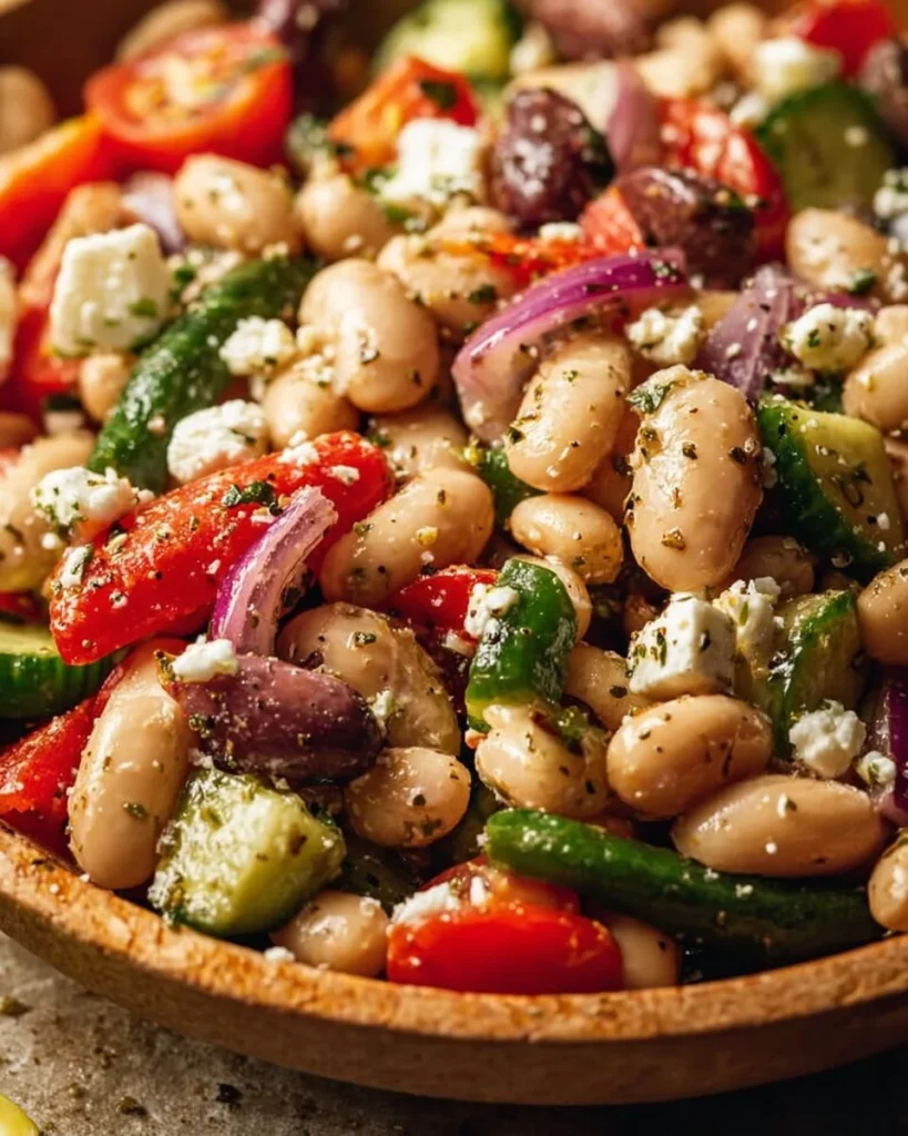 Easy Greek bean salad with marinated beans and fresh vegetables.