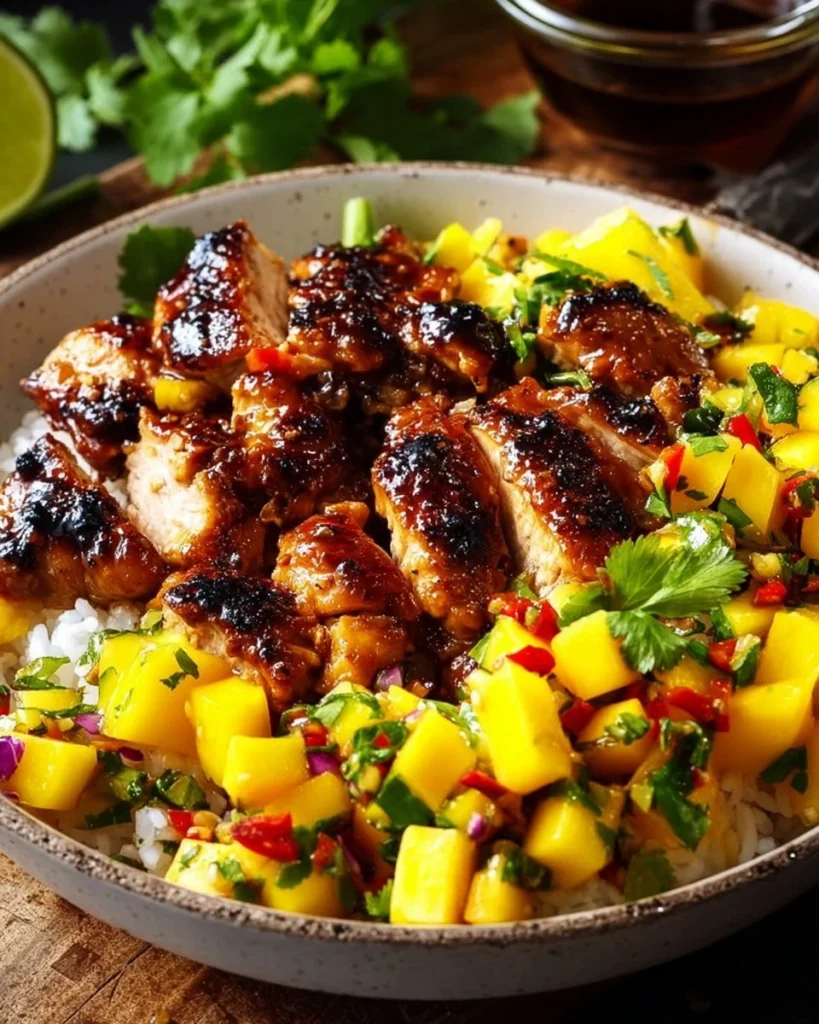 Honey-soy glazed chicken bowl with fresh mango salsa on a plate.