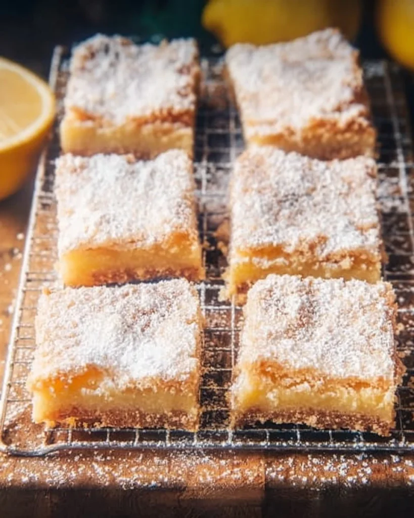 Delicious homemade easy lemon squares on a plate with powdered sugar