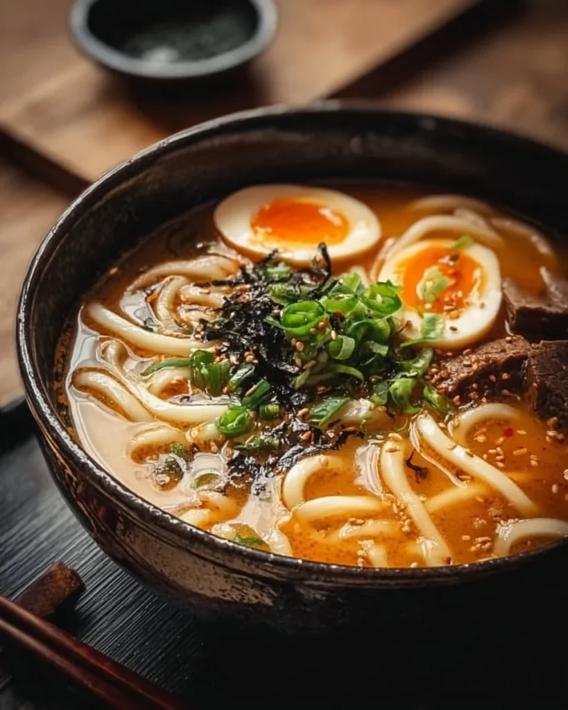 A steaming bowl of easy miso udon noodle soup garnished with green onions