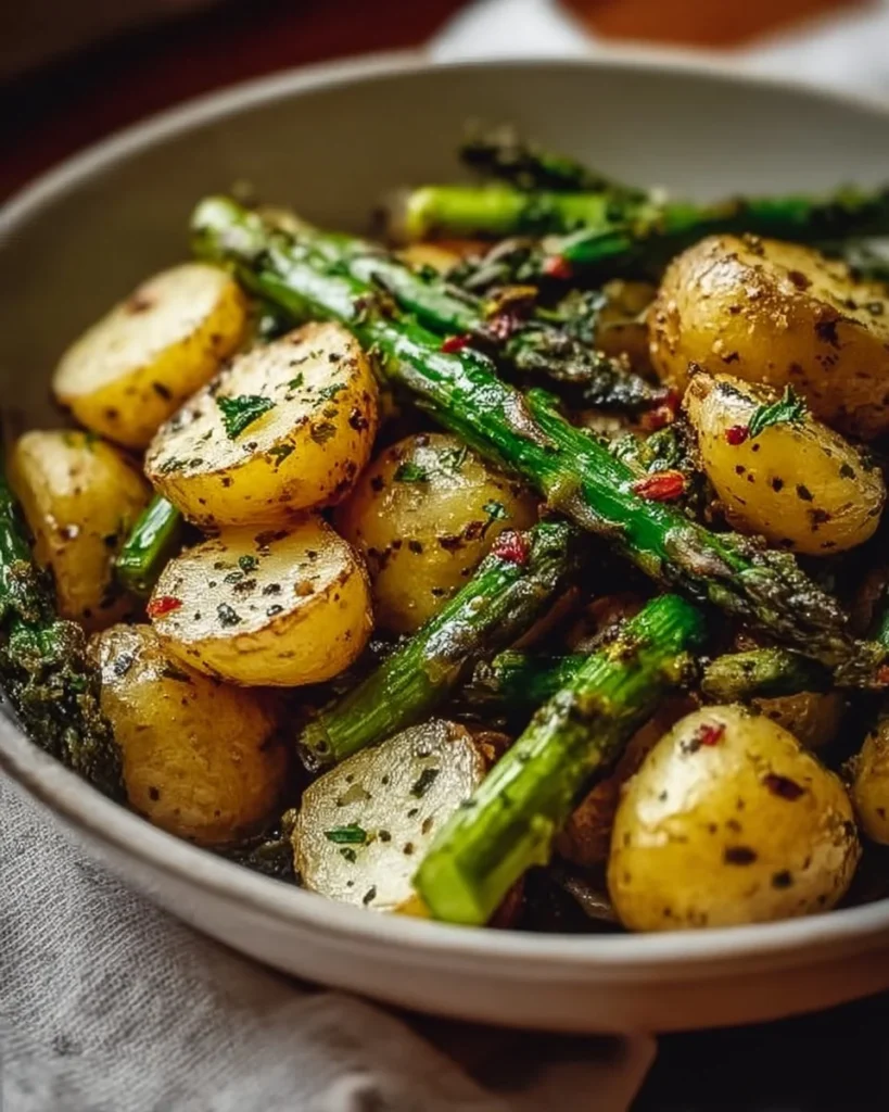 One-pan garlic potatoes and asparagus dish ready to serve