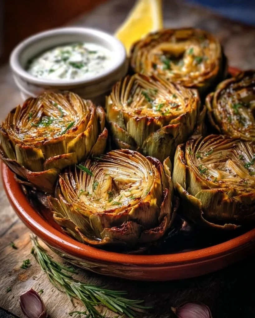 Plate of easy roasted artichokes garnished with herbs and lemon slices