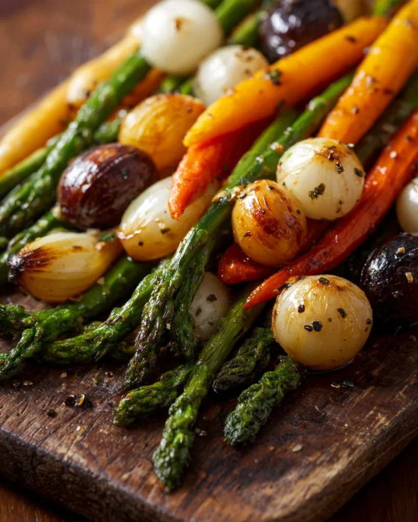 Easy sheet pan spring vegetable medley with herb butter on a serving platter.