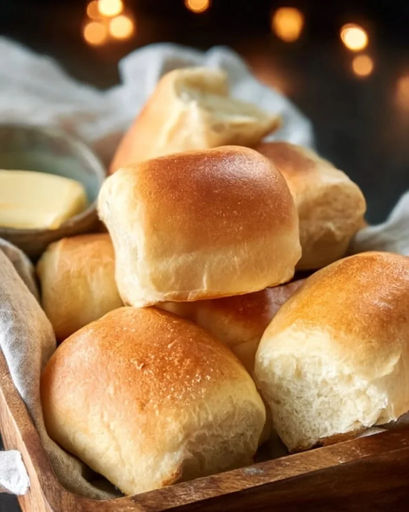 Fluffy homemade sourdough Texas Roadhouse rolls on a wooden table