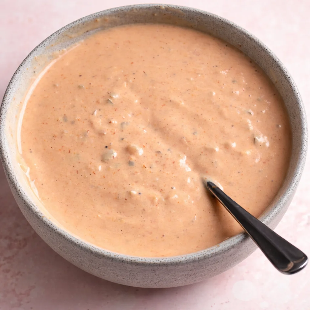 Homemade Vegan Thousand Island Dressing in a bowl, creamy and colorful dressing