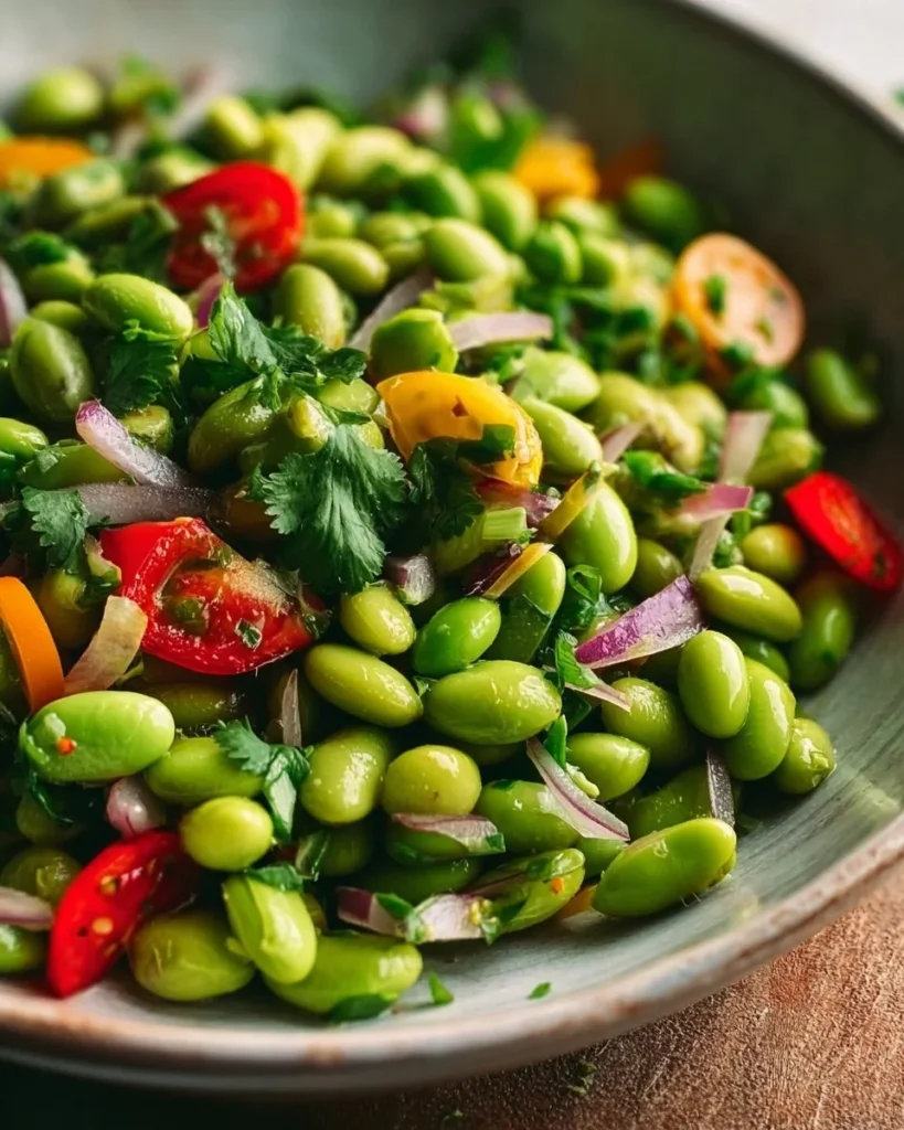 Edamame salad topped with cilantro and lime dressing in a bowl