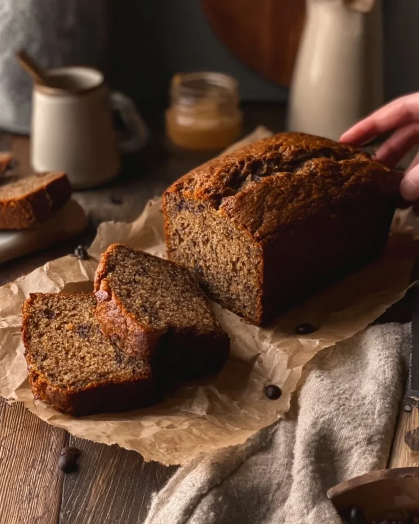 Sliced banana bread with espresso glaze on a wooden cutting board.