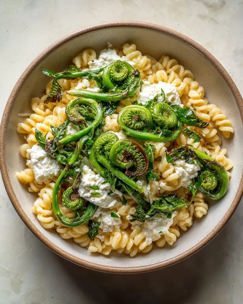 Delicious fiddleheads pasta with ricotta on a white plate