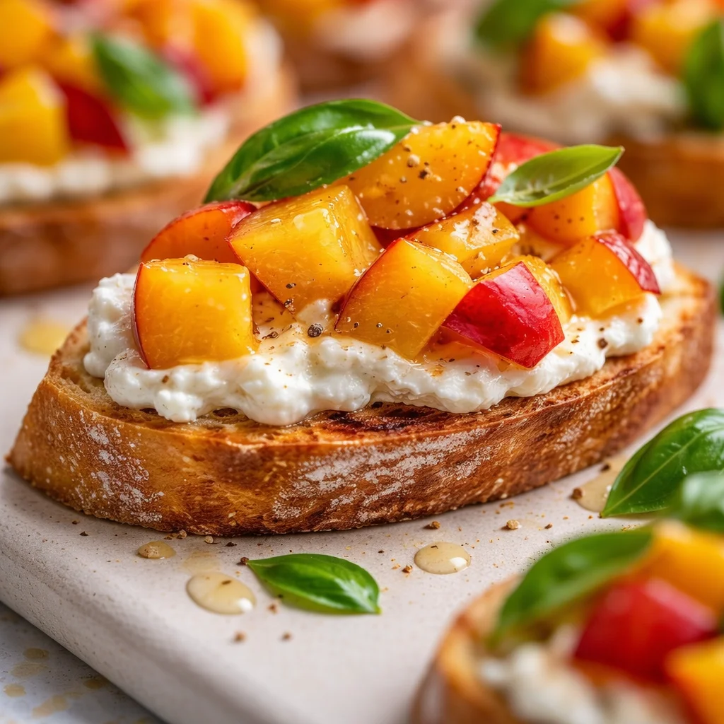 Peach Bruschetta with whipped ricotta and fresh basil on toasted baguette slices.