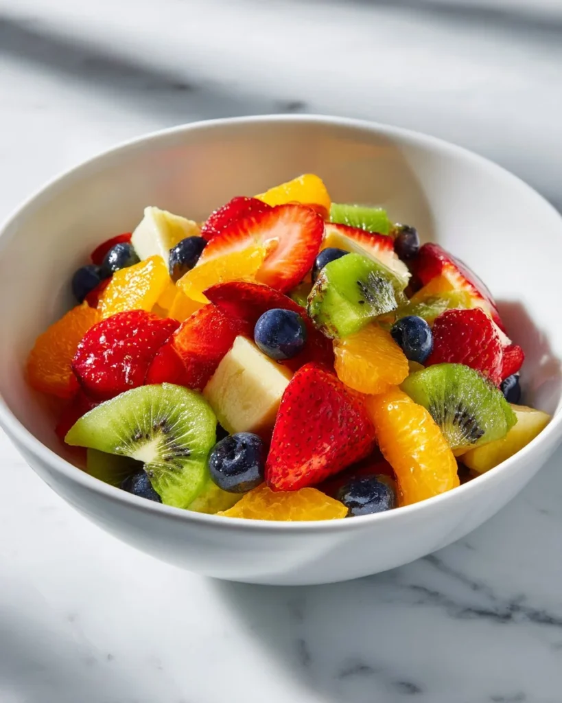 Fresh fruit salad drizzled with honey lime poppy seed dressing