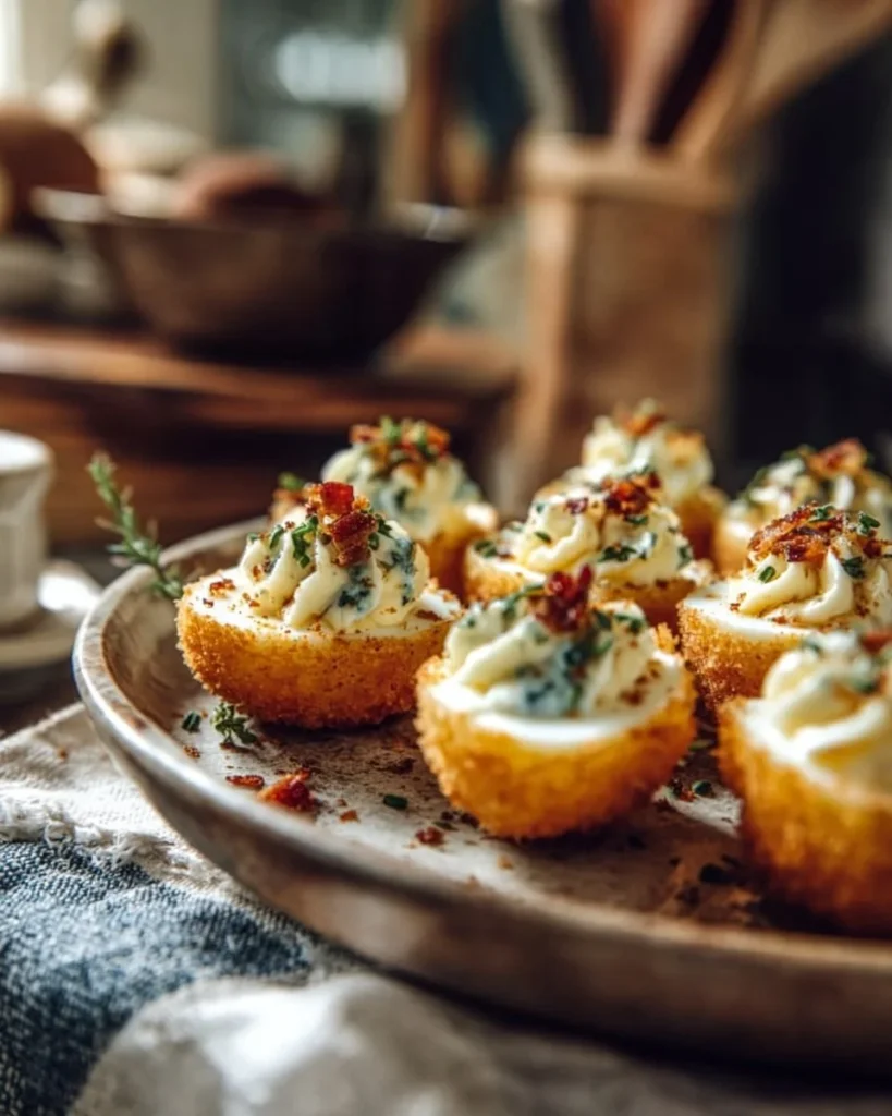A plate of crispy Fried Deviled Eggs, garnished and ready to enjoy.