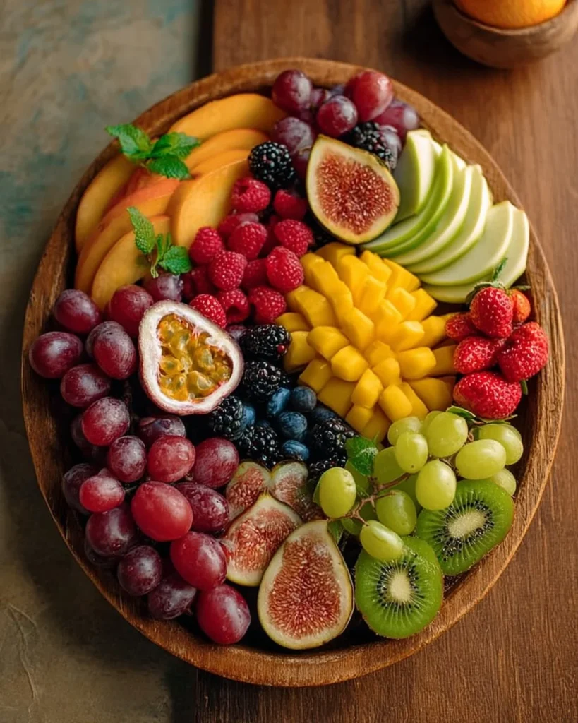 A colorful fruit platter featuring assorted fresh fruits beautifully arranged.