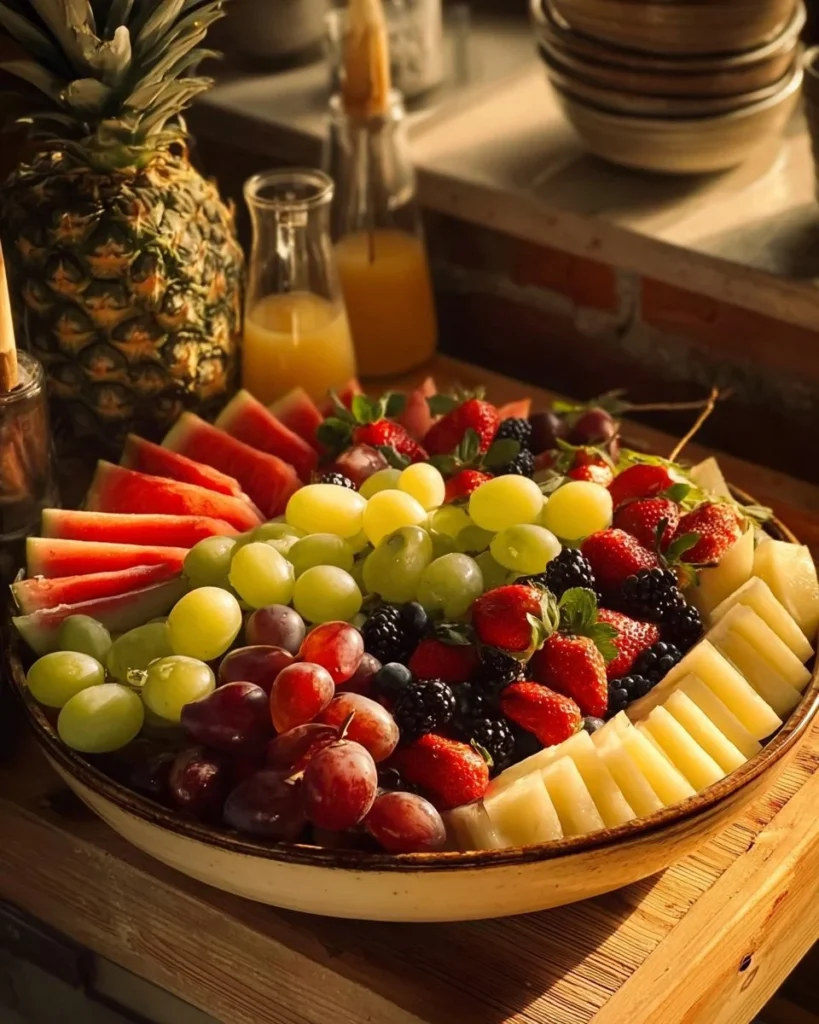 A vibrant fruits platter featuring a variety of fresh fruits beautifully arranged
