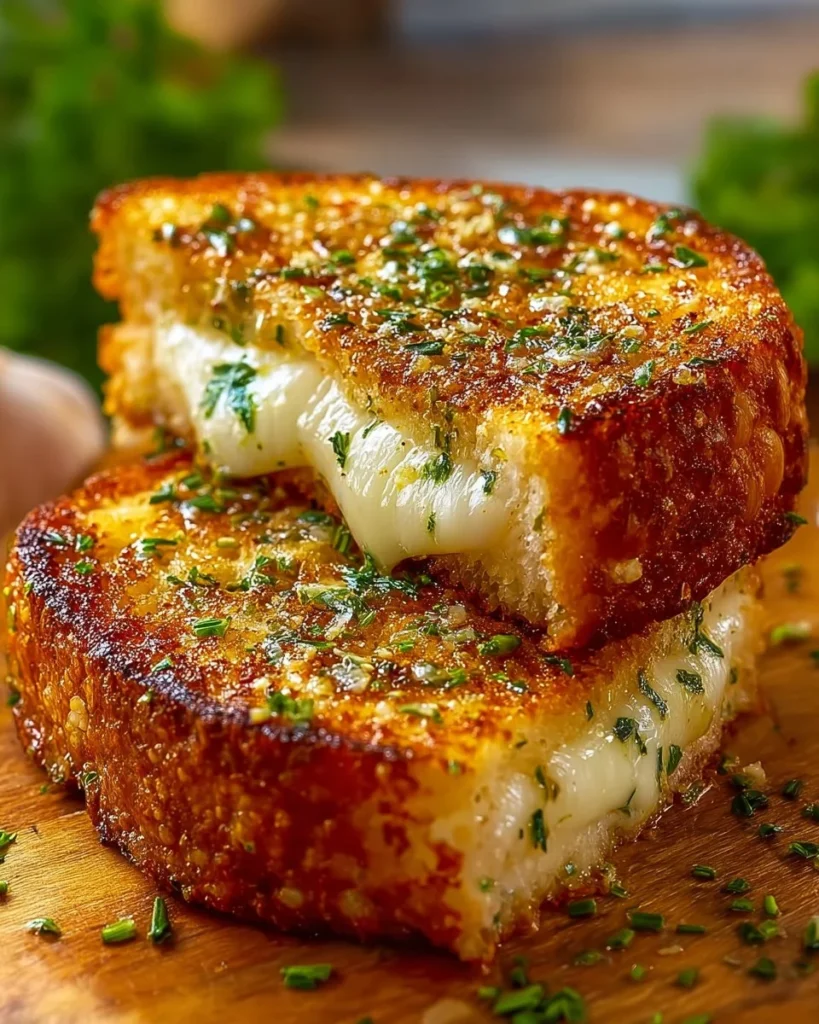 Delicious garlic bread grilled cheese sandwich with melted cheese and garlic flavor