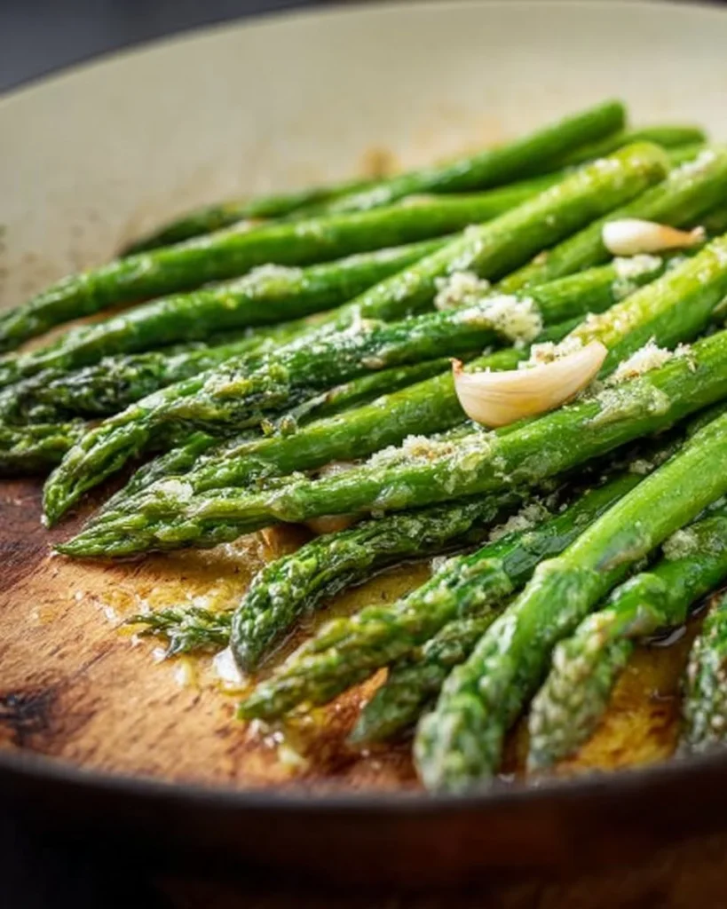 Garlic butter asparagus garnished and served on a white plate