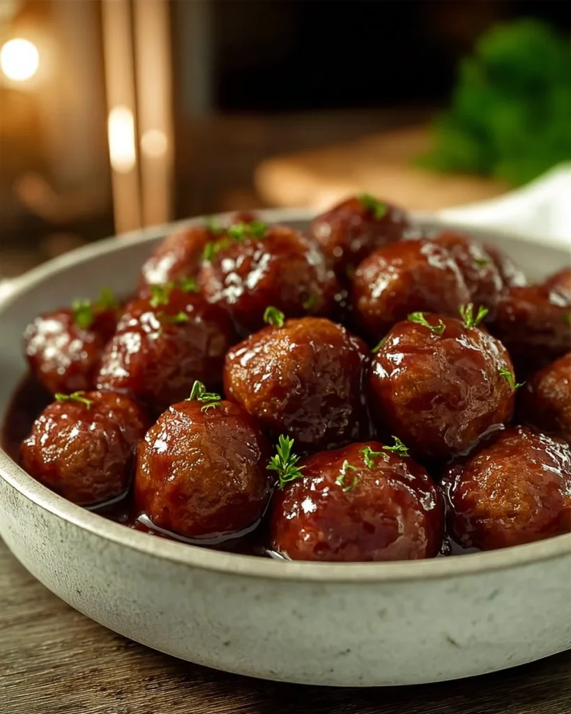 Plate of grape jelly meatballs served with toothpicks