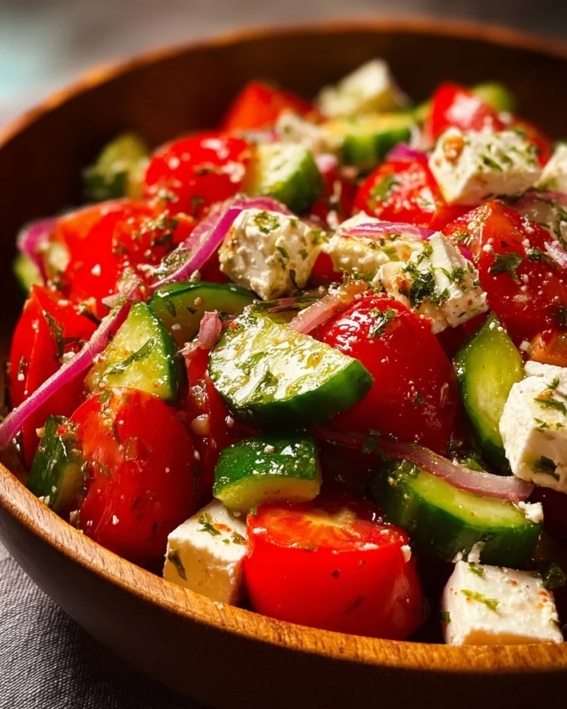 Delicious Greek Cucumber Tomato Feta Salad with fresh vegetables and feta cheese