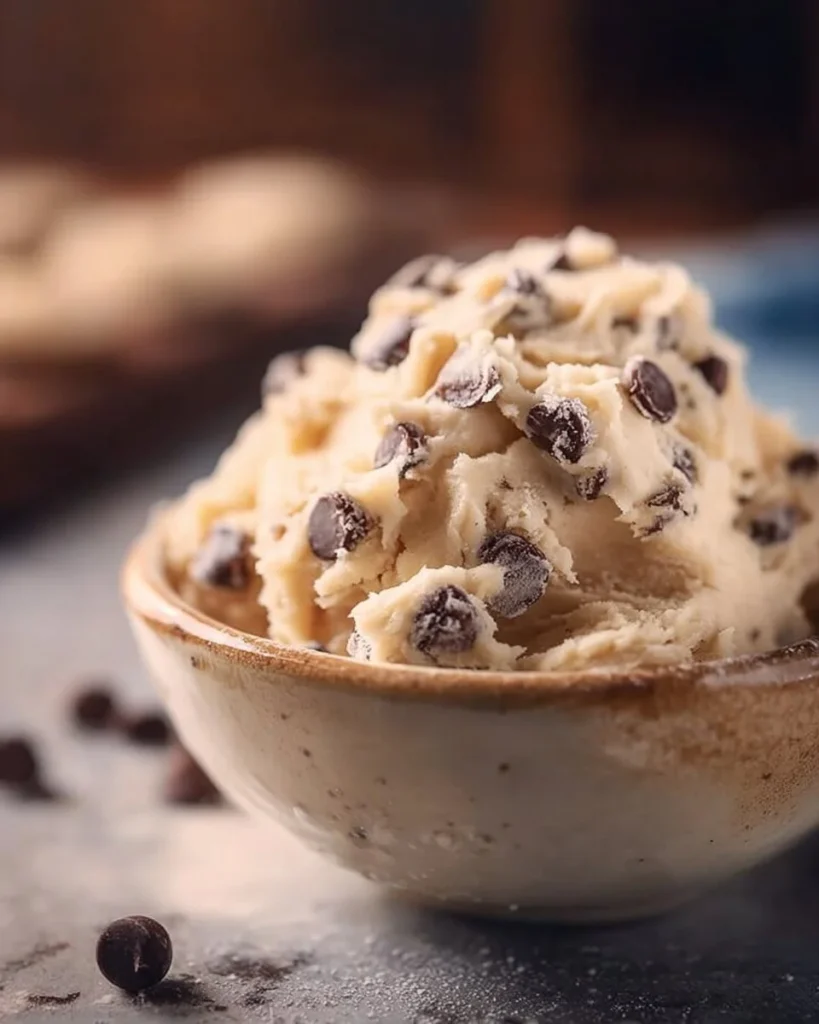 Bowl of Greek yogurt cookie dough with chocolate chips and a spoon