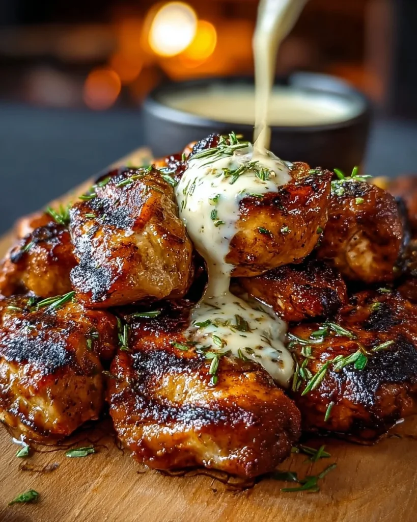 Grilled chicken bites served with creamy garlic sauce on a plate