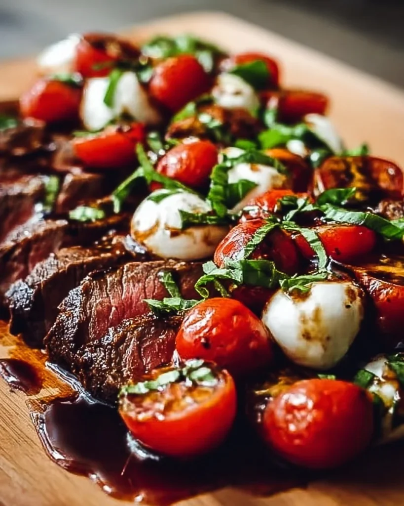 Grilled flank steak caprese with fresh basil, mozzarella, and balsamic dressing