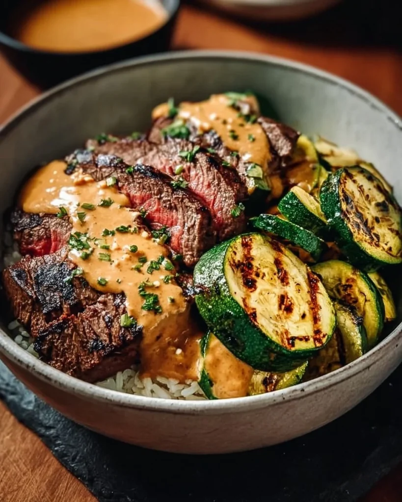 Delicious grilled steak bowl with fresh vegetables and rice