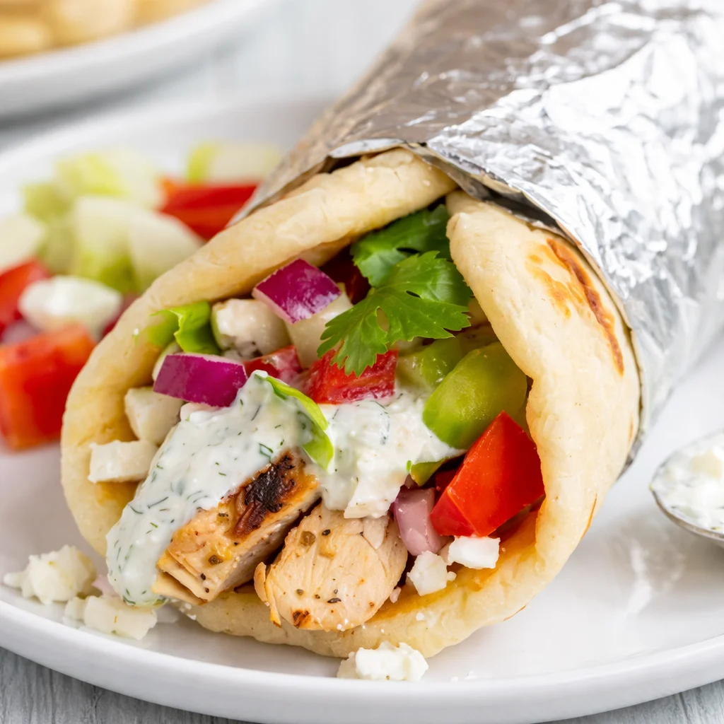Delicious Gyros with Greek Chicken and Homemade Greek Pita Flatbread served with tzatziki.
