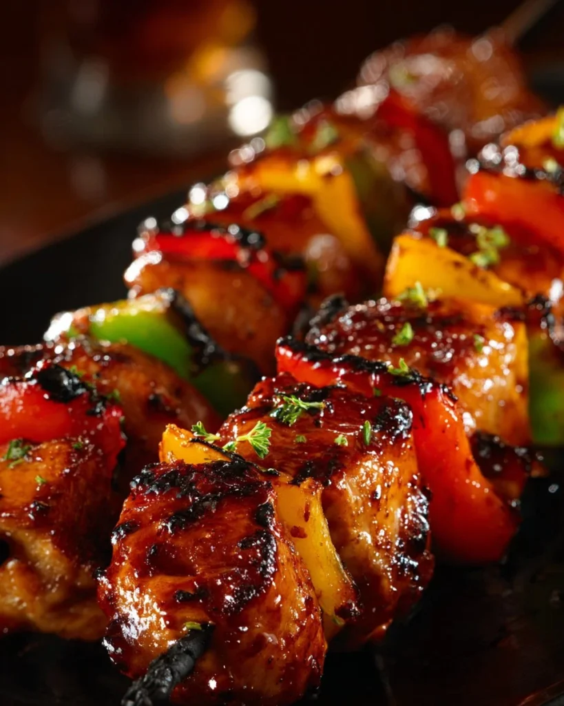 Grilled Hawaiian Chicken Skewers with colorful vegetables and pineapple