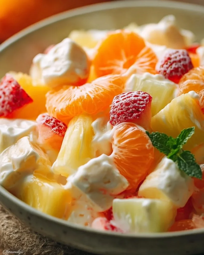 Colorful Hawaiian fruit salad with tropical fruits like pineapple, mango, and coconut.