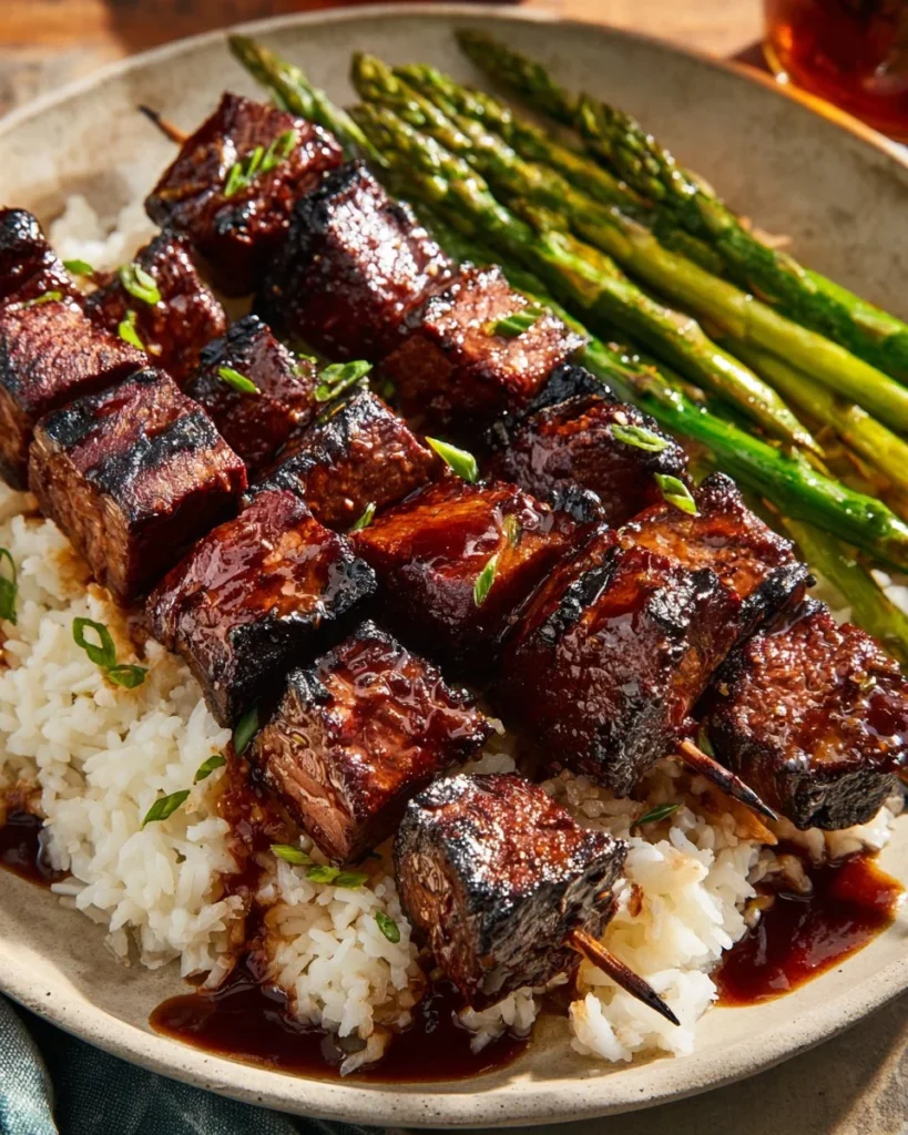 Healthy grilled teriyaki steak kabobs on a plate with colorful vegetables