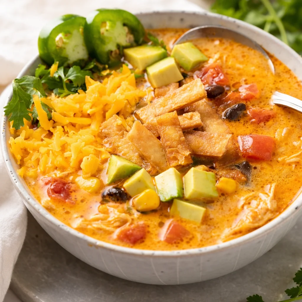Warm and creamy chicken tortilla soup topped with fresh ingredients.
