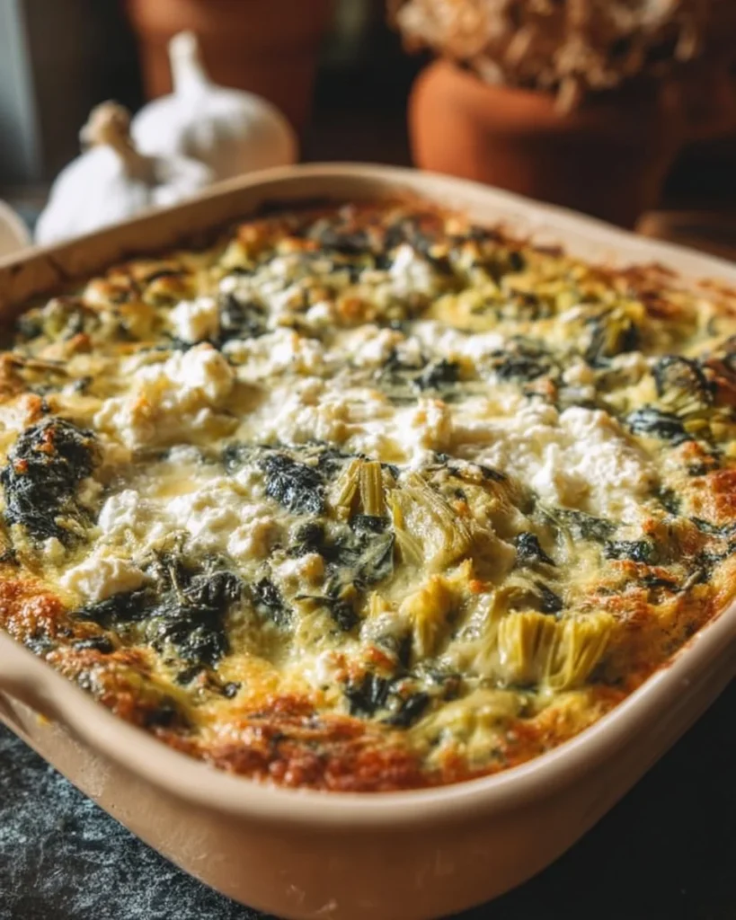 High protein spinach artichoke bake topped with cheese and herbs in a baking dish