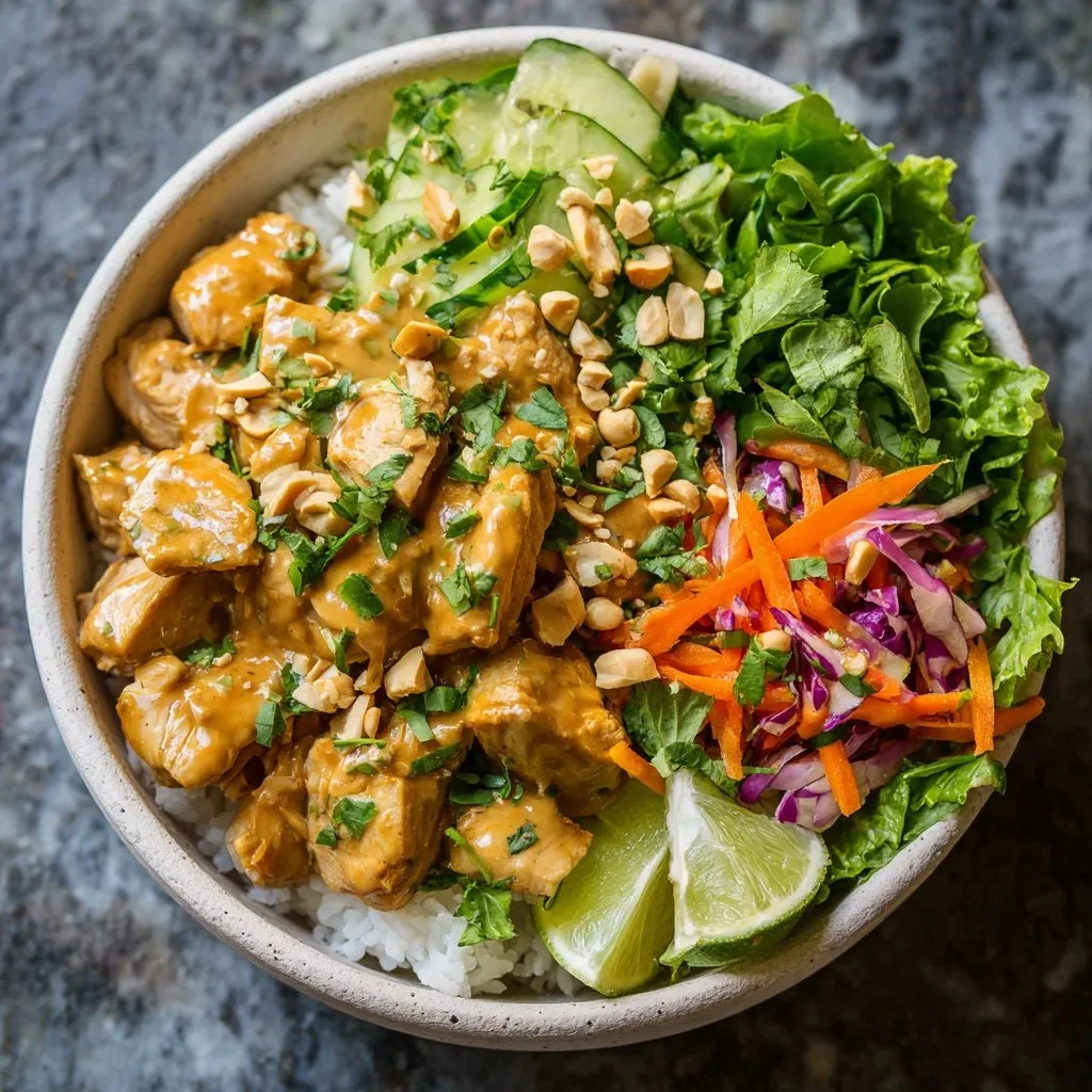 High-Protein Thai Peanut Chicken Bowl with fresh vegetables and creamy peanut sauce