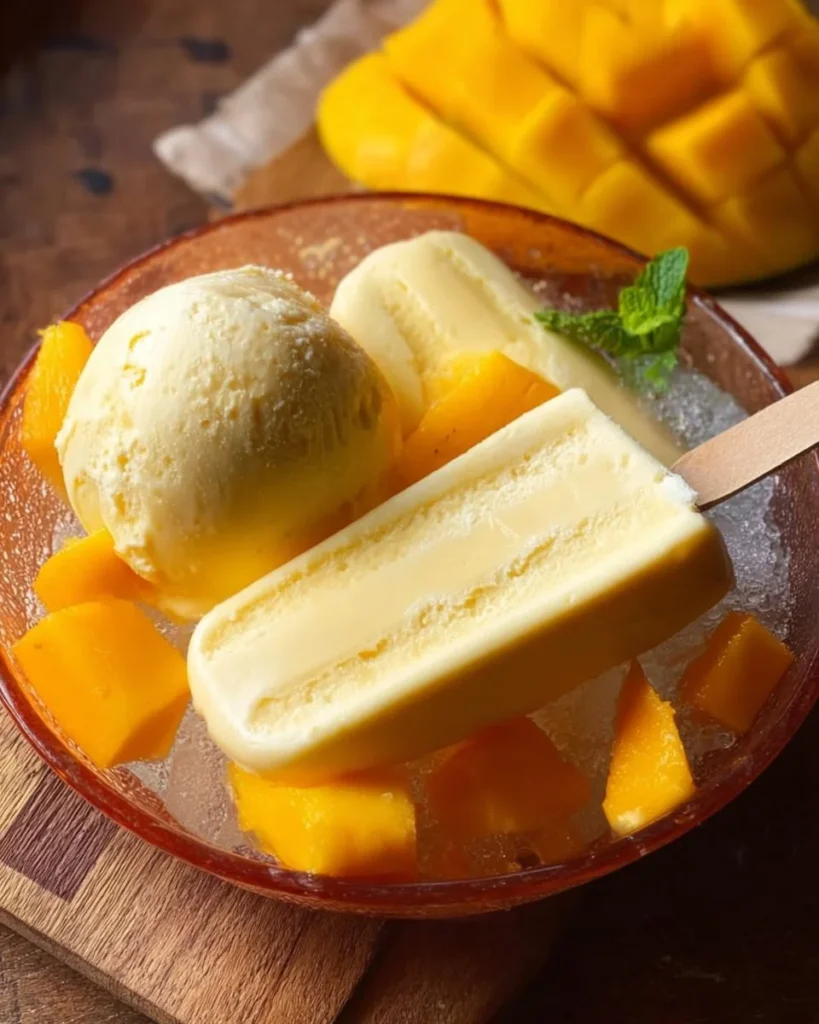 Delicious homemade mango ice cream served in a bowl with fresh mango slices.