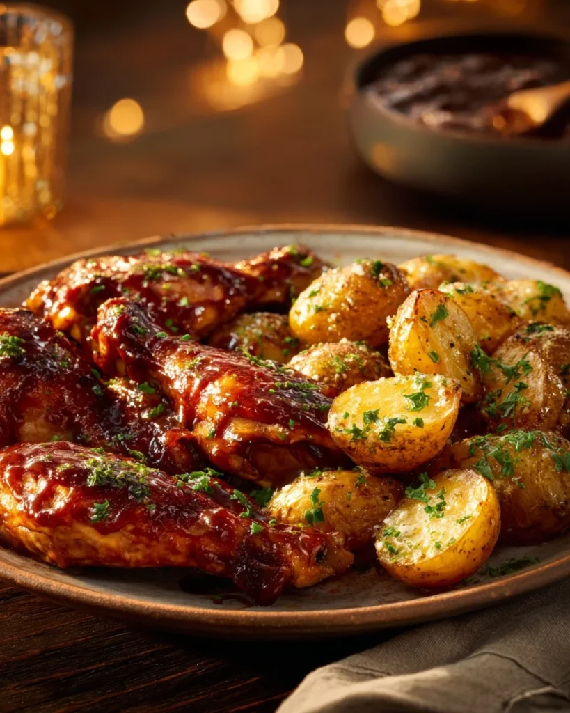 Honey BBQ Chicken served with Garlic Parmesan Potatoes on a plate.